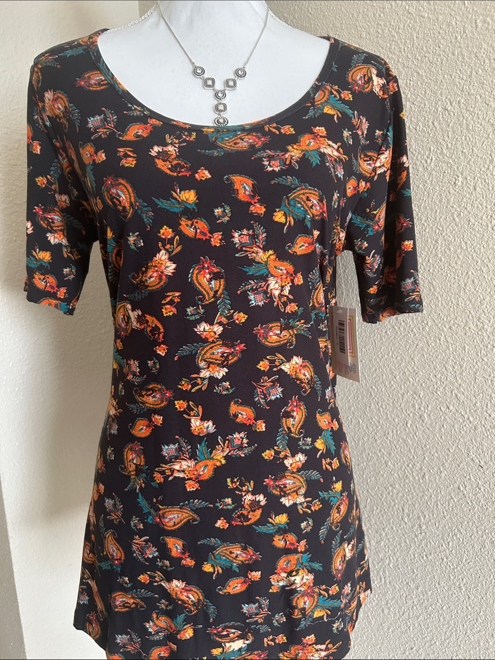 LuLaRoe Black Oversized Scoop Neck Top with Orange Teal Floral Paisley